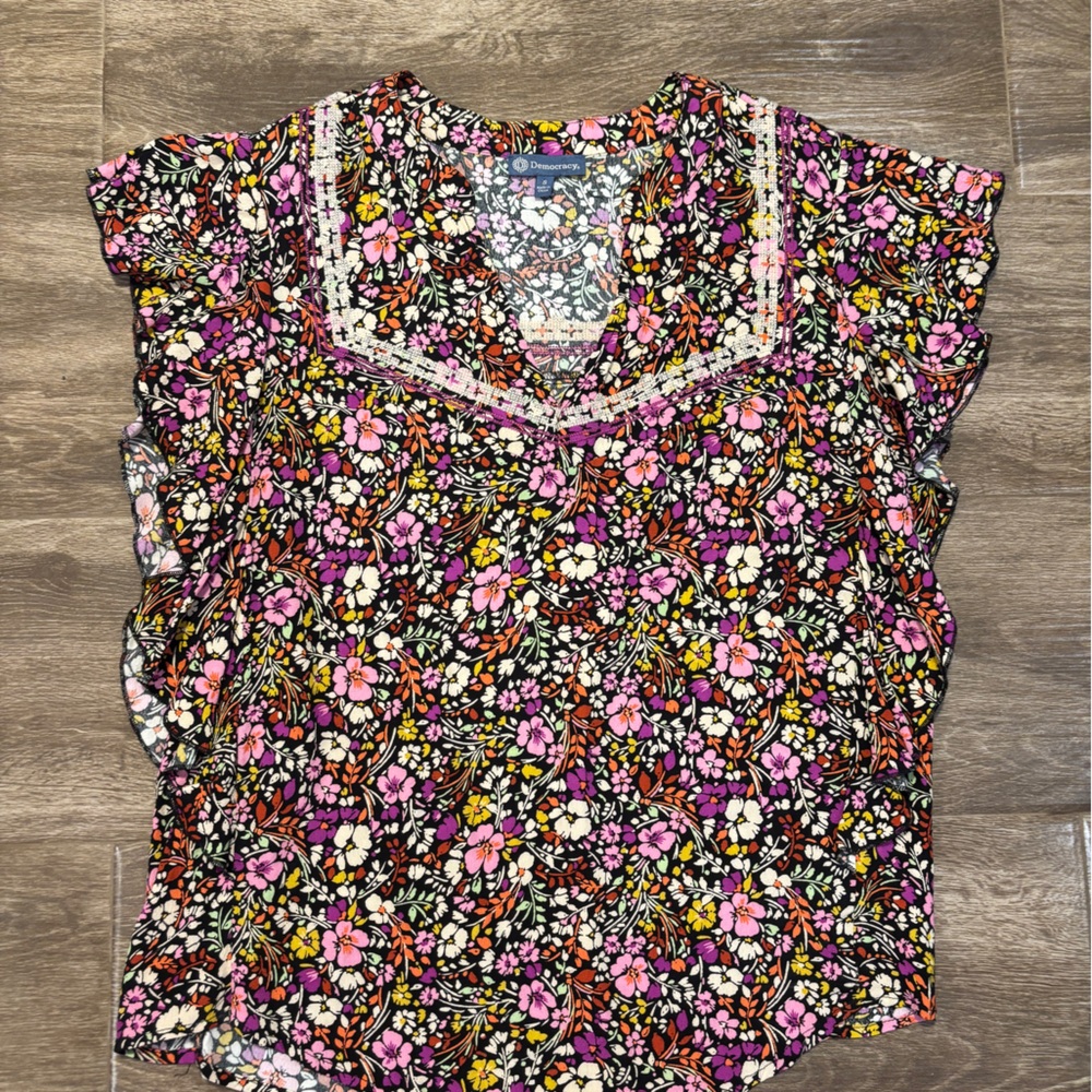Democracy Floral Ruffle Sleeve Top - Pink, Purple, Yellow
